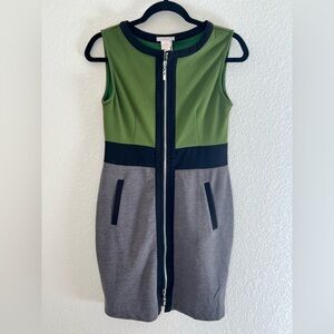 Esley Olive Green, Black & Gray Colorblock Zip-Front Dress NWT